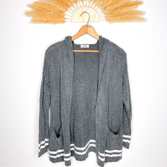 Garage Sweaters - Garage Hooded Cardigan Sweater Stripe Long Sleeve Gray